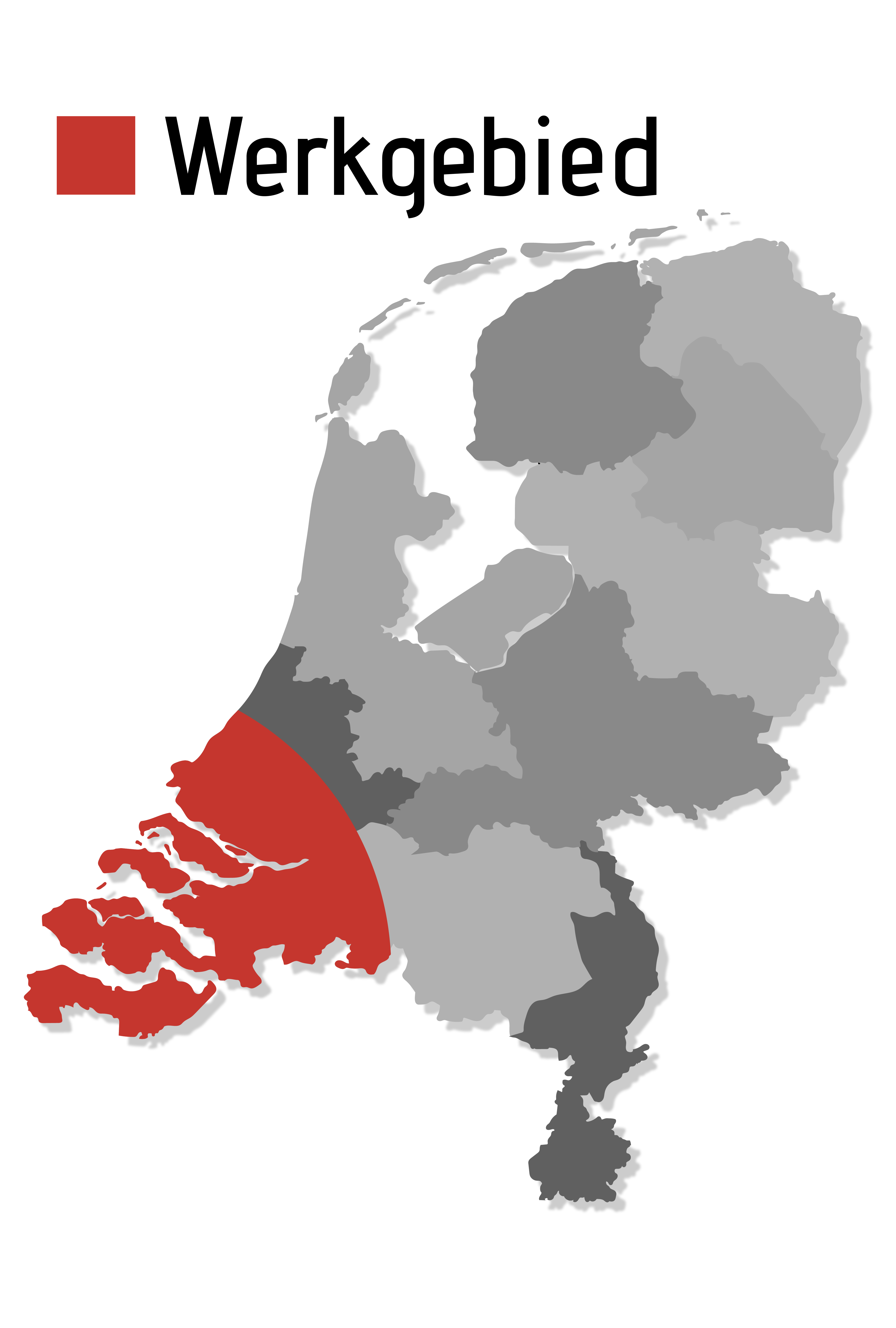 Kaart met werkgebied Zuid-West Nederland